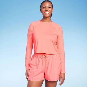 Kona Sol Coral Orange Long Sleeve Cropped Rash Guard Swim Shirt